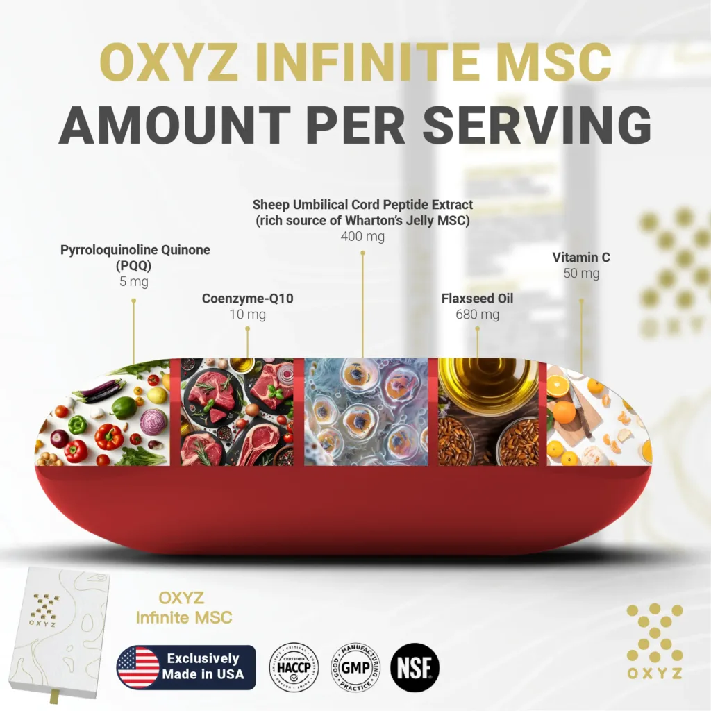 Comprehensive infographic showcasing OXYZ Infinite MSC supplement ingredients and their precise amounts per serving.