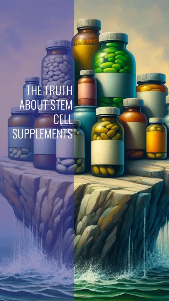 Assorted stem cell supplement bottles on a cliff with ocean waves below, titled ‘The Truth About Stem Cell Supplements.